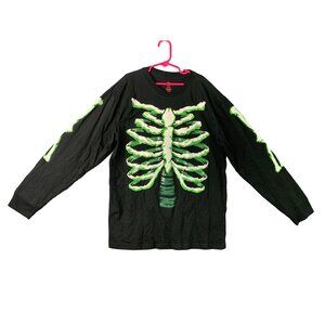 Halloween Shirt Youth Size XL 14 16 Black Shirt Skeleton Ribs Glows In Dark Long